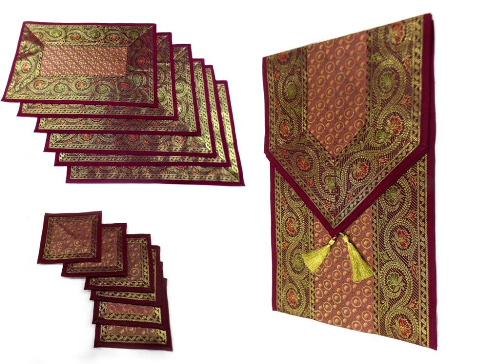 Indian Silk Table Runner with 6 Placemats & 6 Coaster in Maroon Color Size 16x62